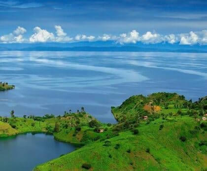Aerial view of Lake Kivu's blue water and green islands